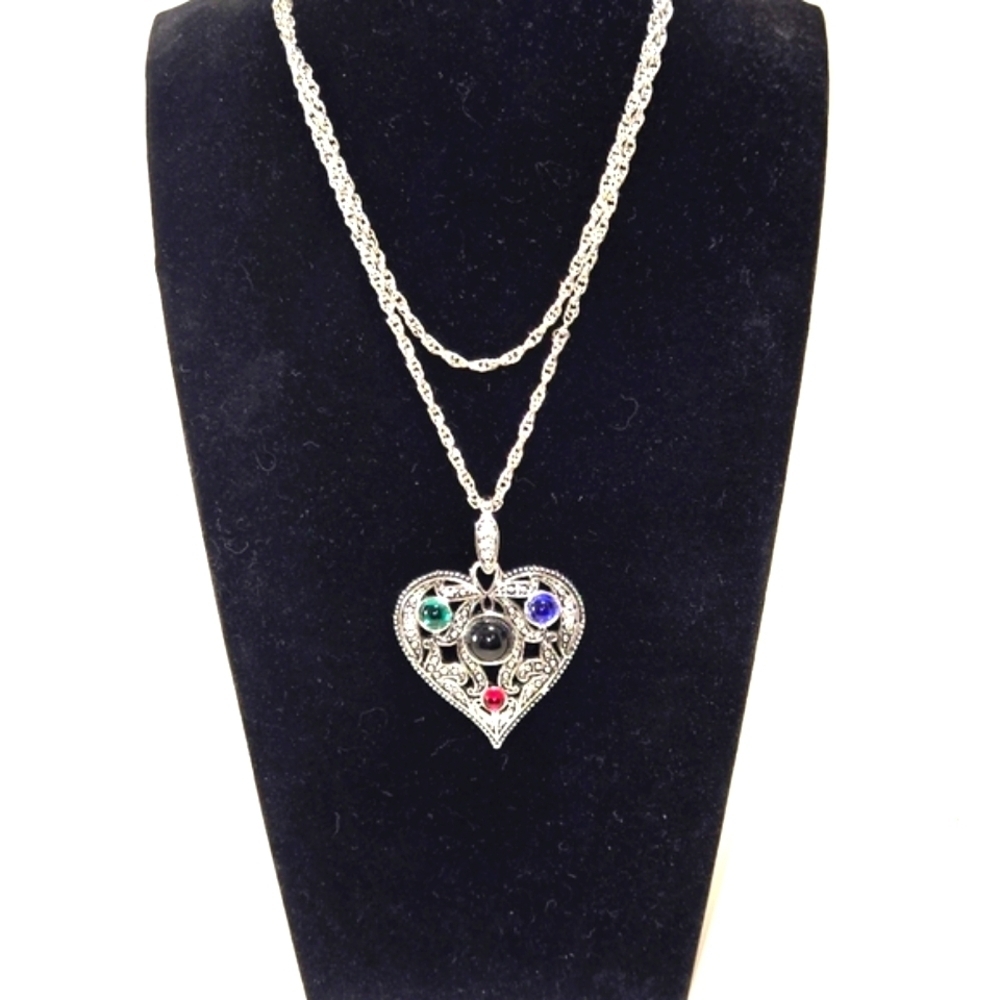 Juicy Couture Necklace 28" Silvertone Filigree Heart Pave Crystal Gemstone